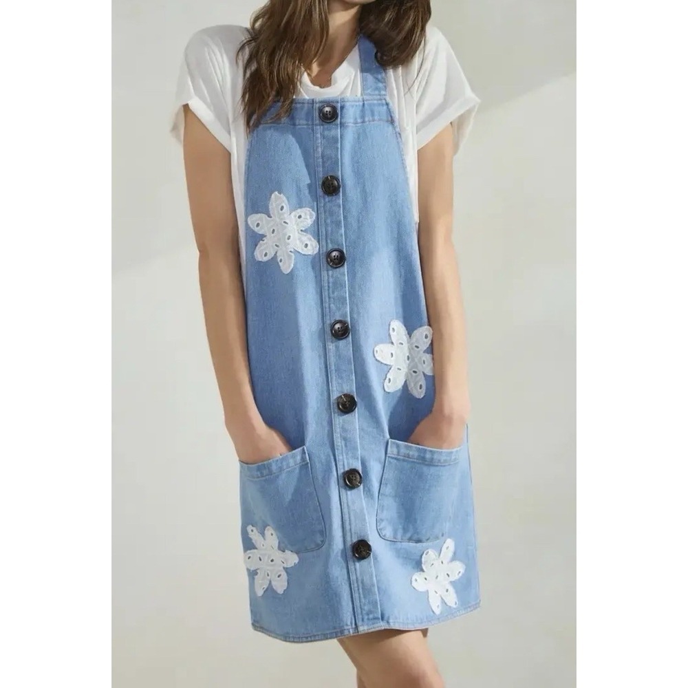 Oddi NWT Denim Overall Mini Jumper Dress Patch Pockets Eyelet Floral Patches L‎